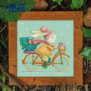 十格格dmc十字绣套件挂画客厅摆件骑自行车，的兔子浅绿布浅蓝布