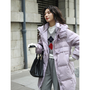 紫色中长款羽绒服女款2023女装韩版宽松保暖牛角扣连帽外套冬