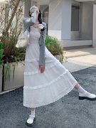 法式白色蕾丝吊带连衣裙女夏季甜美花边蛋糕裙气质收腰显瘦长裙子
