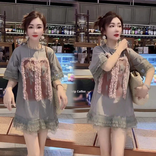 欧洲站2023韩版洋气蕾丝，短袖中长款宽松t恤女夏时尚(夏时尚)圆领卫衣
