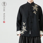 春季新中式男装棉麻唐装，外套中国风汉服亚麻盘扣，衬衫竹子刺绣衬衣