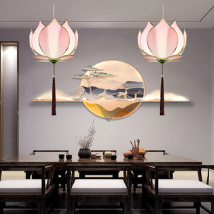 新中式布艺吊灯茶楼餐厅，茶室火锅店过道灯禅意，渐变色荷花莲花灯具