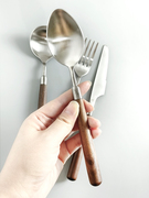 胡桃木西餐餐具叉勺三件套家用牛排叉，不锈钢304汤勺餐勺套装