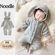 婴儿韩版连身长裤秋装男女宝宝针织可爱兔耳朵连帽毛织连体衣爬服
