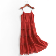x228茶歇法式v领红色吊带，连衣裙女夏海边度假沙滩裙气质蓬蓬长裙