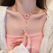 粉色花朵水晶项链，轻奢小众夏天高级感锁骨链，2023颈链配饰女