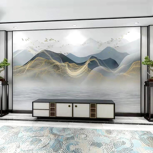 中式现代客厅壁纸轻奢墙布金色水墨山水抽象线条电视背景墙纸壁画