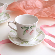 FHOME法式复古水彩郁金香樱桃陶瓷咖啡杯碟子套装 下午茶杯子