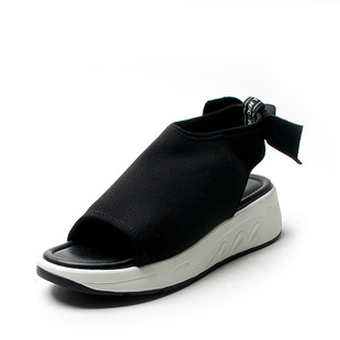穆勒凉鞋女夏弹力织物，露趾低坡跟水台蝴蝶结运动黑白色sf92115014