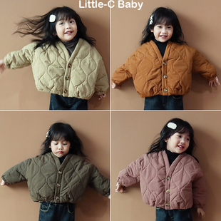 chao级韩~韩国儿童，2024春秋男女童v领棉服，棉袄宝宝实用保暖外套