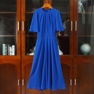 原厂英伦风2024夏荷叶(夏荷叶)短袖，大摆宝蓝色连衣裙显瘦中长款f2600