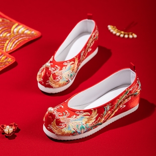 中式结婚新娘女鞋古风珍珠刺绣平底红色绣花鞋翘头秀禾婚鞋女