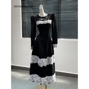 法式黑色蕾丝拼接连衣裙女冬季长裙高级感气质名媛赫本风礼服裙子