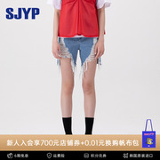 sjyp韩国潮牌高腰美式破洞牛仔短裤蓝色，显瘦毛边短裤女夏天