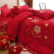 高档刺绣全棉结婚四件套大红色，床单被套纯棉婚庆，喜被陪嫁床上用品