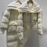 韩版羊羔毛大翻领羽绒服女冬季2022中长款白鸭绒(白鸭绒)加厚短款外套