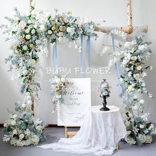 婚礼绢花蓝色拱门花艺，求婚仪式直播背景，店面装饰布置仿真花套装