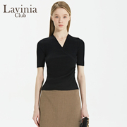 拉维妮娅秋季女士针织衫，上衣v领短袖薄款套头显瘦短款