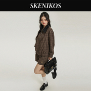 Skenikos 气质穿搭格纹pu拼接休闲套装早春夹克短裤时尚两件套女