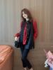 新中式女装国风改良红色上衣衬衫，黑色马甲裤子套装女2023秋季
