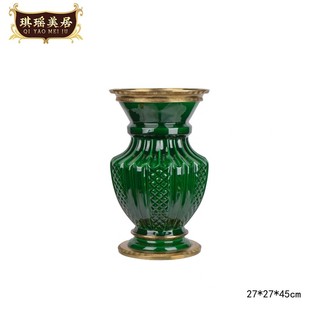 美式古典孔雀绿花瓶祖母绿高温，裂纹陶瓷配铜盖盒工艺品摆件装饰品