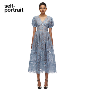 self-portrait 蓝色蕾丝裙收腰显瘦气质礼服长裙连衣裙