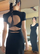气质修身显瘦黑色短袖开叉露背连衣裙子女夏季高级感长裙2024