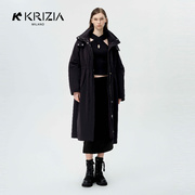 K KRIZIA 春季黑色风衣外套女长款收腰带帽休闲