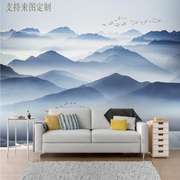 新中式电视背景墙壁纸2019现代水墨山水客厅卧室，书房影视墙布壁画