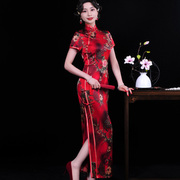 高端改良红色真丝旗袍桑蚕丝妈妈婚宴日常可穿长款2024夏季女