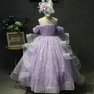 设计紫色长款亮片，礼服蓬蓬裙主持人，钢琴独唱六一国庆演出服