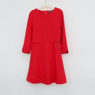 麦系列S/M/L 女春秋七分袖重磅冰丝针织连衣裙7A7061红色