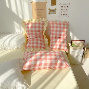 格子里的郁金香原创设计全棉枕套，枕头枕芯罩复古少女可爱好搭配