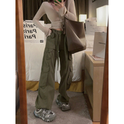 yukiss福利7折美式复古多口袋，工装裤女军绿色宽松薄款