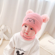 韩国同款可爱小熊刺绣儿童帽秋冬款，双球帽子围脖套装保暖宝宝帽