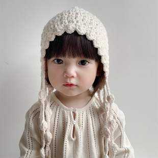 儿童毛线帽子秋冬季手工编织公主，流苏女童宝宝针织护耳帽保暖防寒