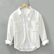 日系复古男士灯芯绒长袖衬衫白色休闲宽松上衣衬衣双口袋开衫外套