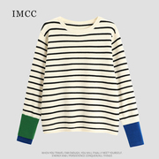 imcc设计感小众撞色拼袖黑白条纹针织衫毛衣女(毛衣女，)简约宽松长袖上衣