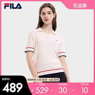 fila斐乐女子编织衫2023秋季时尚休闲通勤翻领，短袖上衣