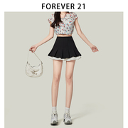 Forever 21绝美甜美花苞荷叶边拼接黑色百褶裙女装a字小个子短裙