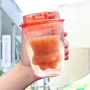 网红猫爪杯创意可爱双层塑料水杯，带吸管隔热杯防烫咖啡杯小巧便携