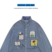 Xman日系复古花卉刺绣牛仔长袖衬衫男宽松潮牌水洗做旧衬衣薄外套