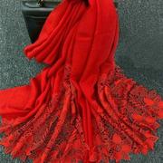 高档红色披肩绣花羊毛围巾婚礼喜妈妈礼服披巾喜婆婆婚宴旗袍外搭