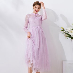 美妃长袖法式紫色网纱小个子连衣裙连衣裙2023春夏款气质女