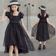 女童夏季连衣裙2023夏装洋气黑色，蓬蓬纱前短后长燕尾礼服裙子