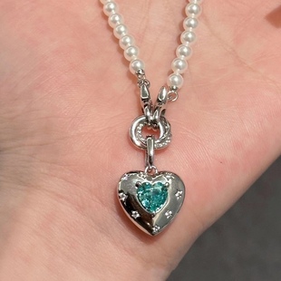海洋之心:帕拉伊巴浅海蓝宝石，爱心珍珠项链轻奢复古高碳钻锁骨链