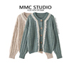 MMC 甜美风木耳边蕾丝拼接针织开衫女秋季圆领短款薄毛衣外套