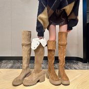 两穿厚底雪地，靴女款2024冬季增高过膝长筒靴高跟，绒面骑士靴子
