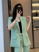 绿色西装套装女薄款2023大码休闲上衣夏季气质，短袖小西服外套