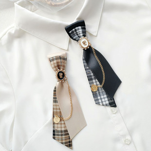 韩版格子英伦风链条小领带女设计感jk免打衬衫，装饰别针小领结头花